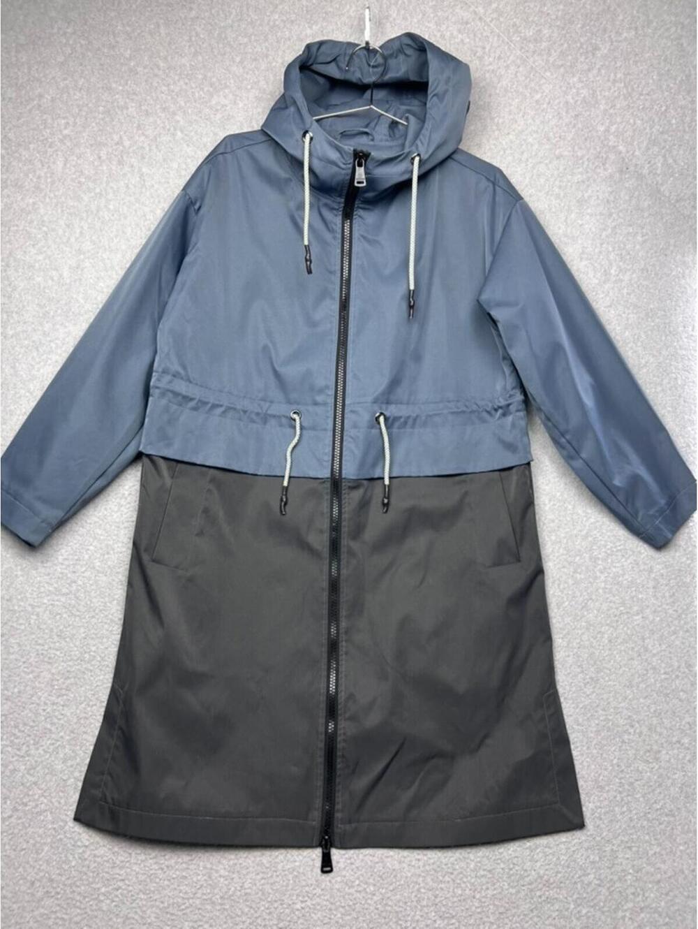 Bernardo Two-Tone Long Hooded Raincoat Blue Grey Women Small Colorblock Trench